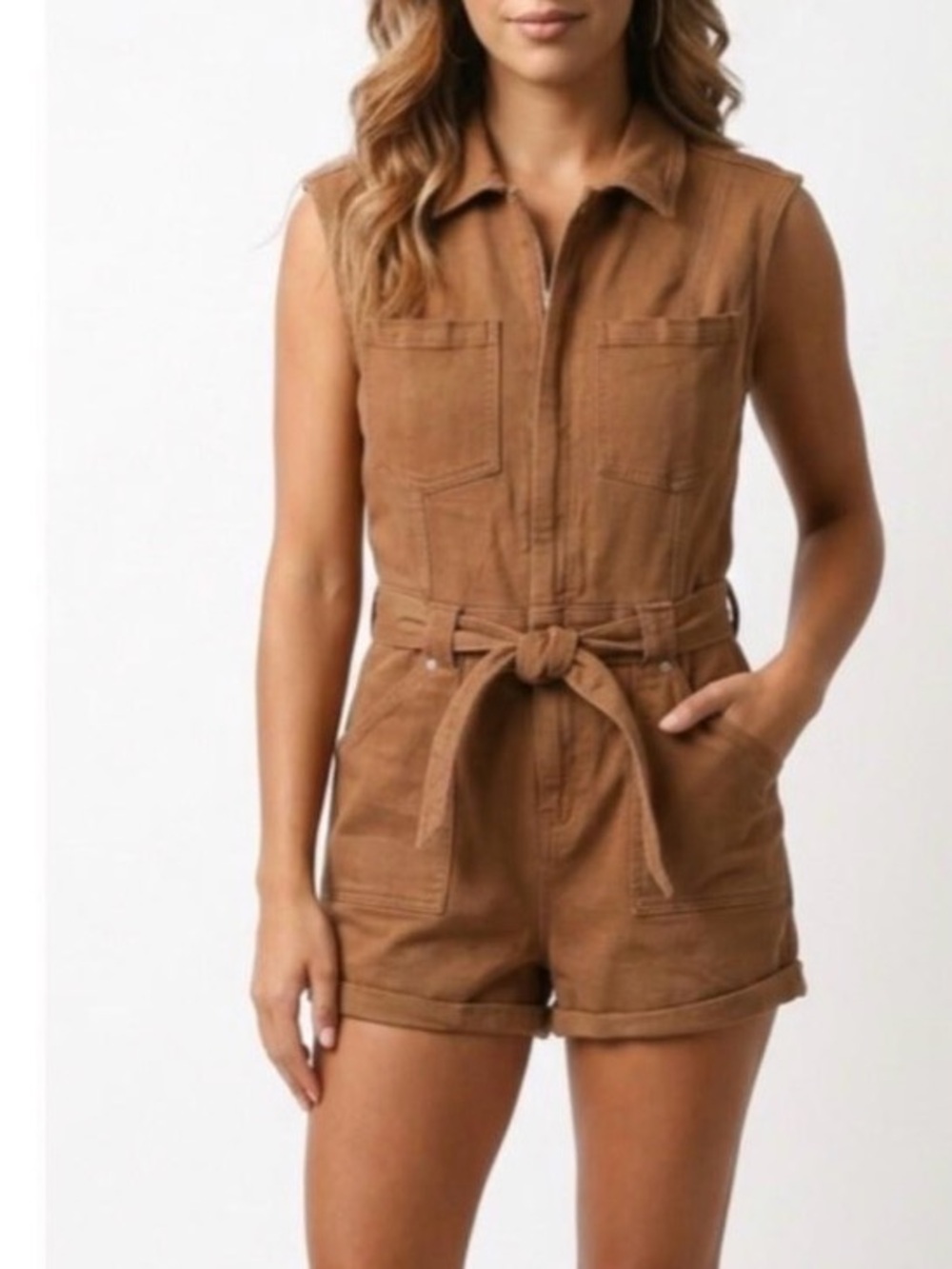 Brown Sleeveless Utility Romper